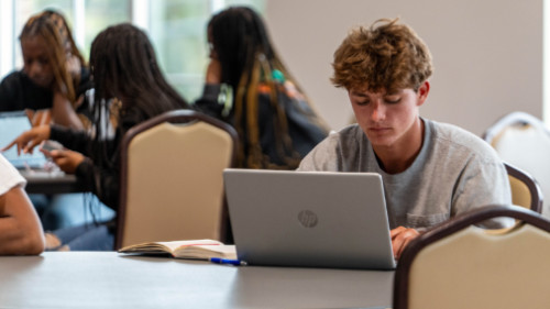 A Talladega College student working on his computer